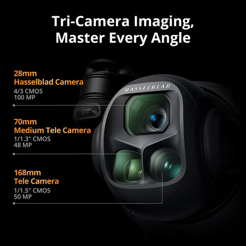 Camera with Hasselblad branding and specifications on a black background