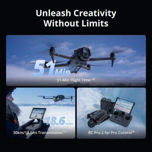 DJI Mavic 4 Pro drone with flight time and transmission distance displayed, alongside a controller and screen setup.