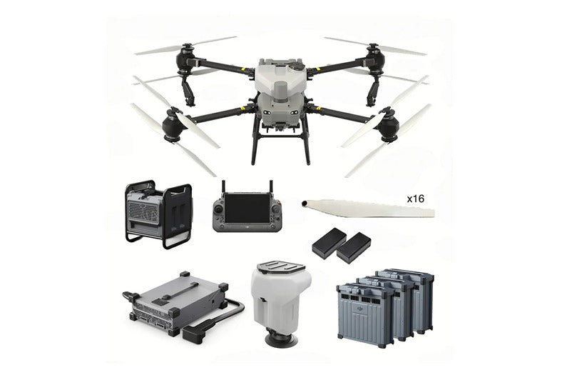 DJI T50 AGRAS drone and accessories on a white background