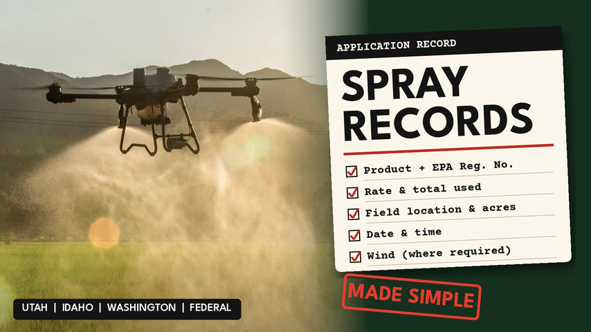 DJI Agras T25P spray drone spraying a field next to a spray application record checklist with the headline Spray Records Made Simple
