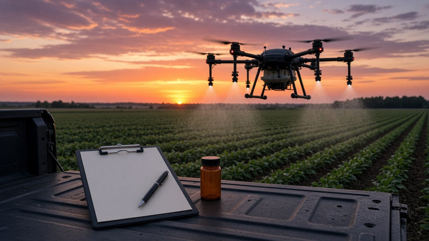 Agricultural spray drone misting a crop field at dusk, with a preflight checklist clipboard and a medicine bottle on a truck tailgate