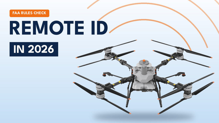 DJI Agras T100 spray drone with Remote ID broadcast graphic and the title Remote ID in 2026