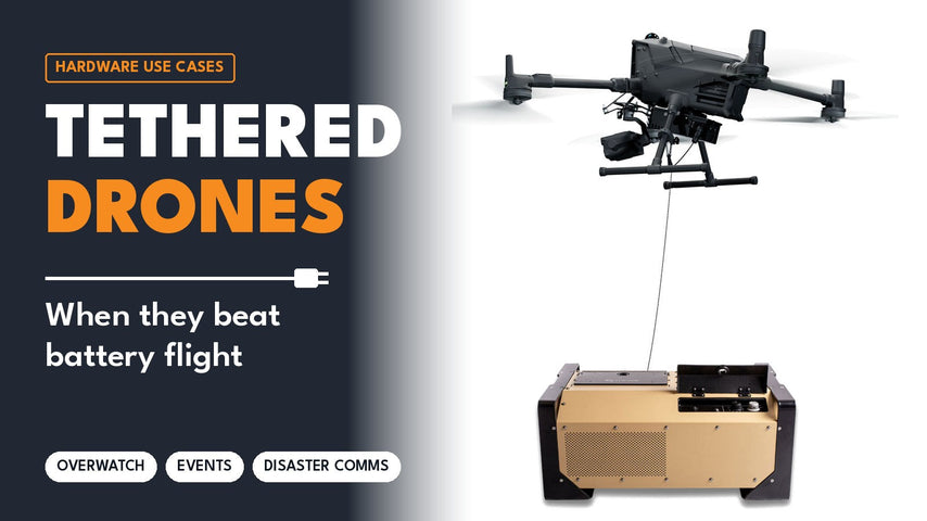 DJI Matrice 400 drone hovering on a tether cable above an Elistair Safe-T 2 tether station, with the title Tethered Drones: When They Beat Battery Flight