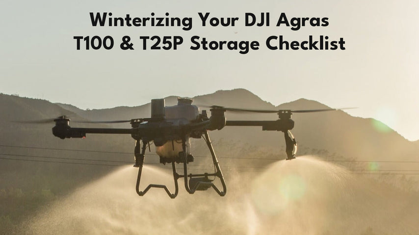 DJI Agras T25P spray drone spraying a field - winterizing DJI Agras T100 and T25P