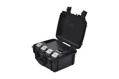 Matrice 4T PRCS side view with four Matrice 4T batteries charging