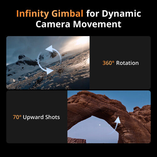 DJI Mavic 4 Pro Advertisement for Infinity Gimbal with mountain and archway images, highlighting camera movement features.
