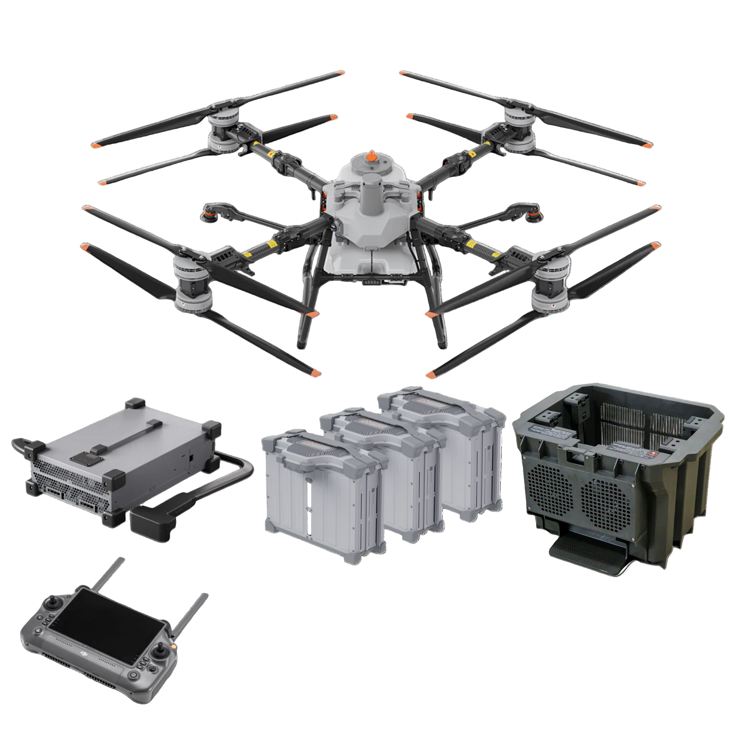 DJI Agriculture Agras T100 drone and accessories on a white background