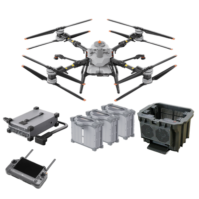 DJI Agriculture Agras T100 drone and accessories on a white background