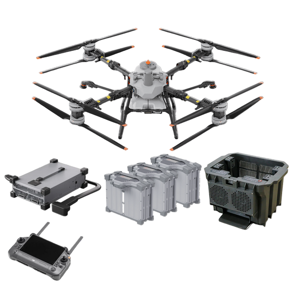 DJI Agriculture Agras T100 drone and accessories on a white background