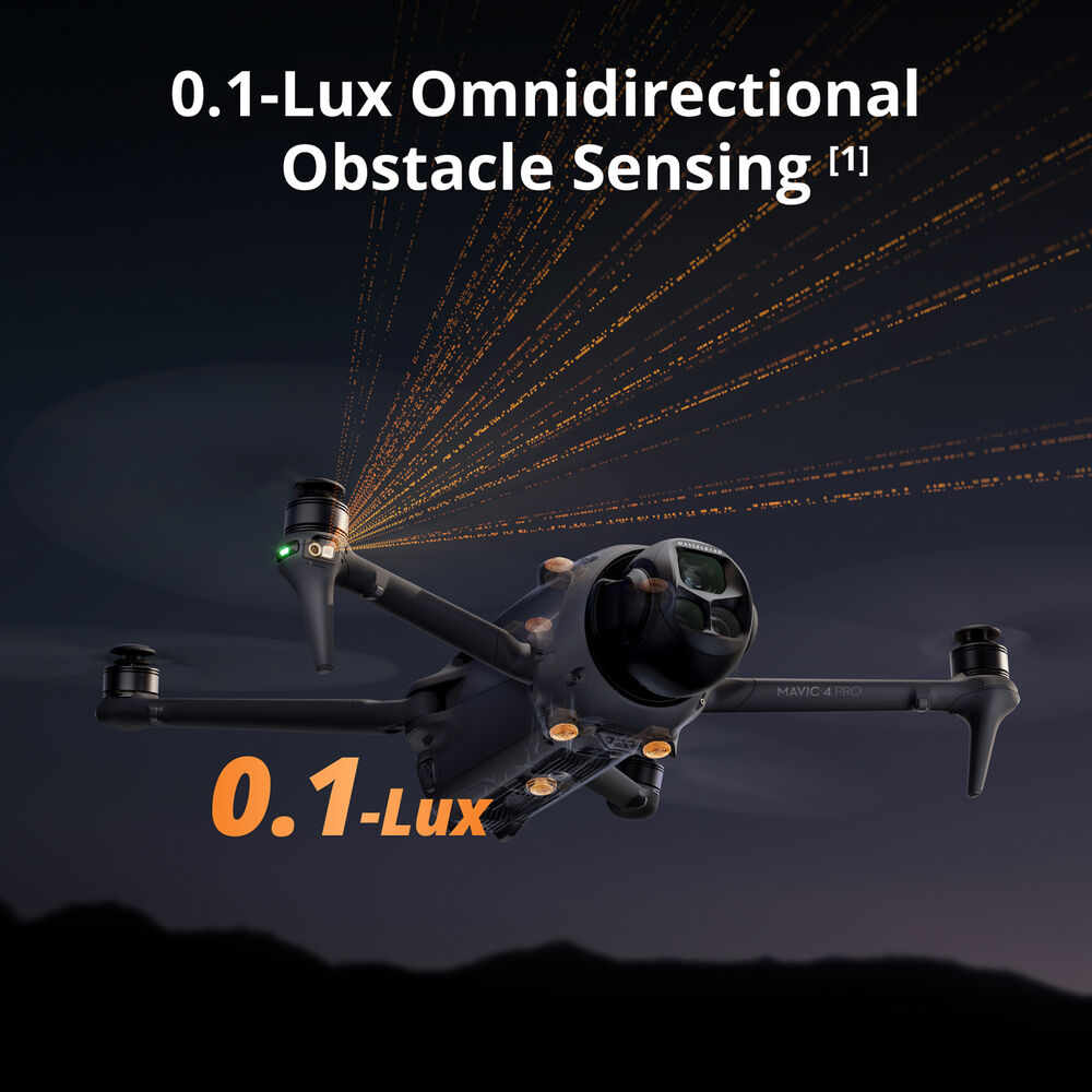 DJI Mavic 4 Pro Drone with 0.1-Lux omnidirectional obstacle sensing feature on a dark background