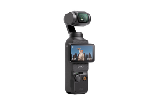 DJI Osmo 3 Pocket Camera with screen displaying a person on a white background