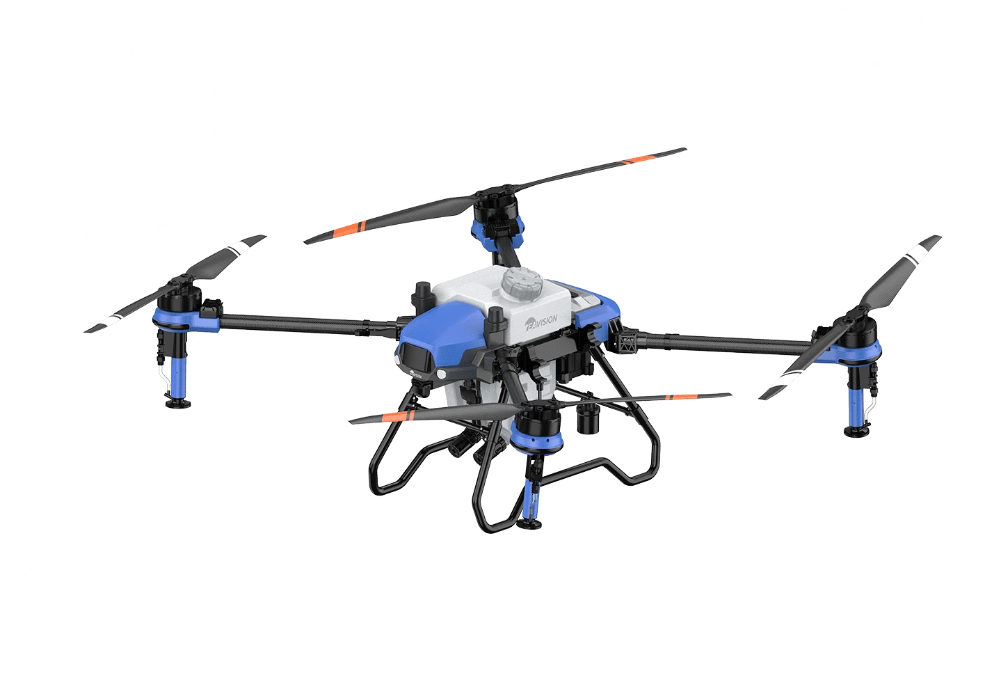 EAVision J100 agricultural drone with black and blue design on a white background