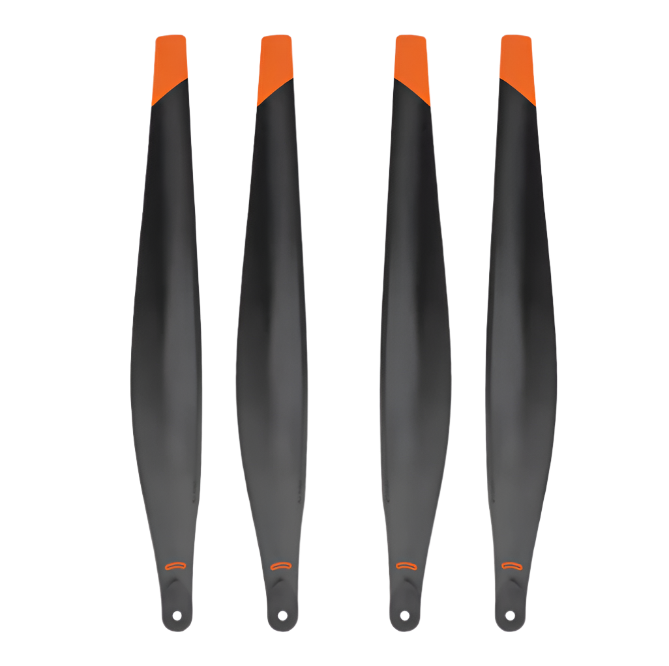 Four black and orange propellers on a white background