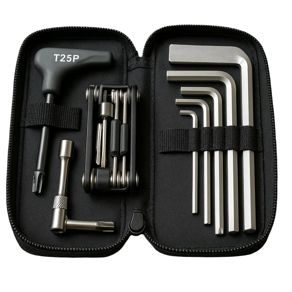Set of tools including hex keys and a T25P bit in a black case on a gray background