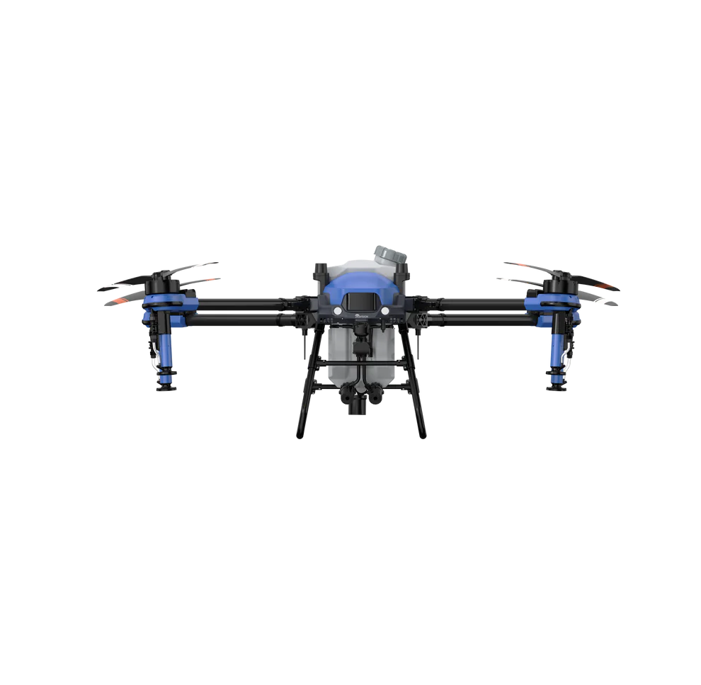 The EAVision J100 drone with blue propellers and mission-critical equipment, designed for precision farming tasks.