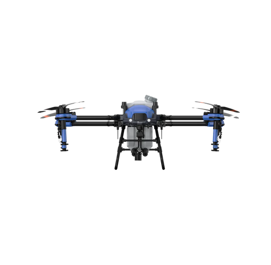 The EAVision J100 drone with blue propellers and mission-critical equipment, designed for precision farming tasks.