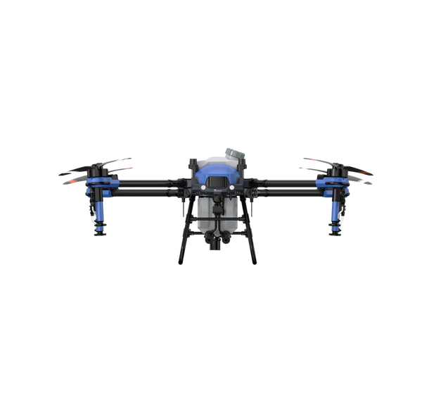 The EAVision J100 drone with blue propellers and mission-critical equipment, designed for precision farming tasks.