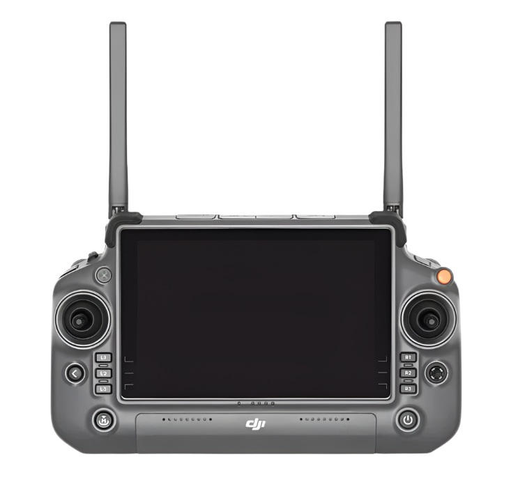 DJI remote control with screen and antennas on a white background