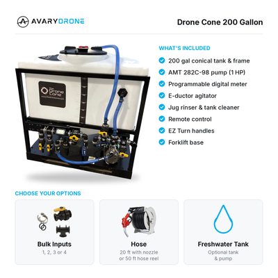 Drone Cone 200 Gallon what's included: tank and frame, AMT 282C-98 1 HP pump, digital meter, e-ductor agitator, jug rinser, remote, EZ Turn handles, forklift base