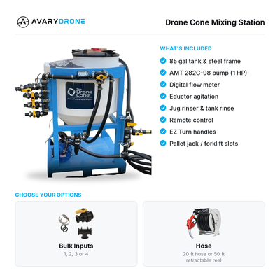 Drone Cone Mixing Station what's included: 85 gallon tank and steel frame, AMT 282C-98 1 HP pump, digital flow meter, eductor agitation, jug rinser, remote, EZ Turn handles