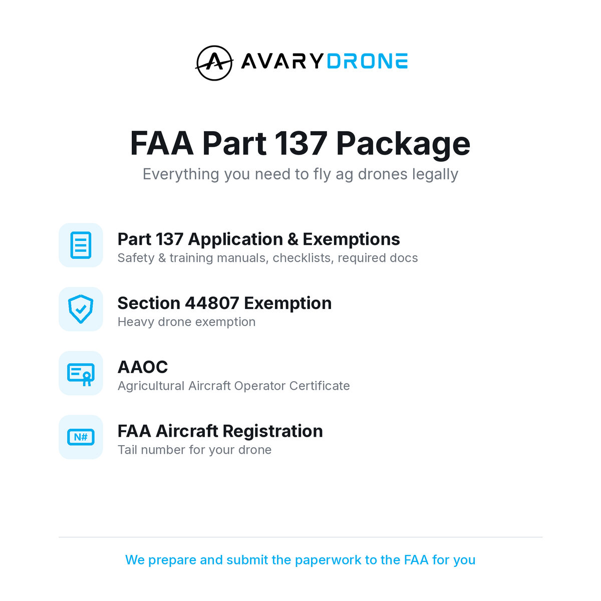 FAA Part 137 Package includes Part 137 application and exemptions, Section 44807 exemption, AAOC certificate and FAA aircraft registration