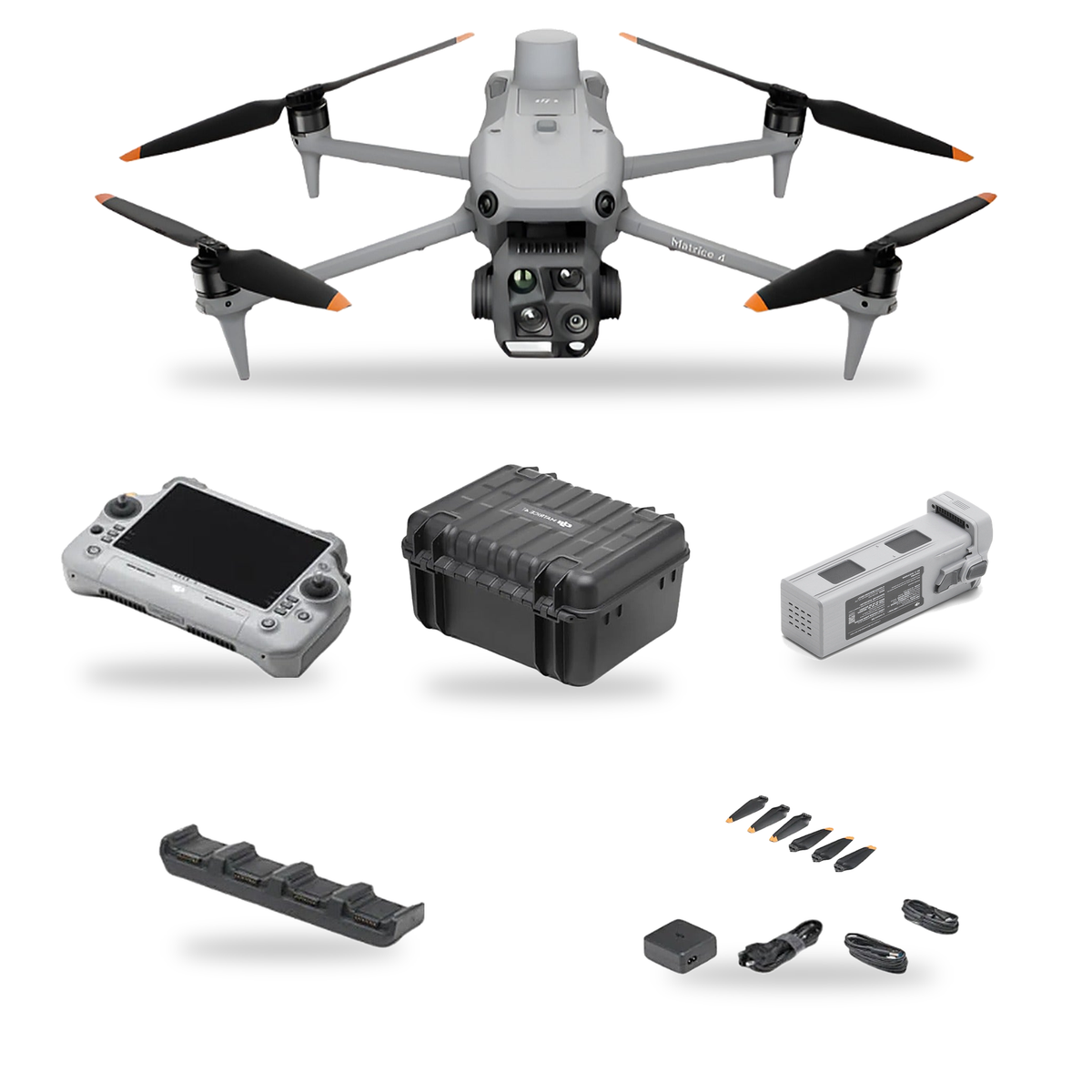 DJI Matrice 4T kit with 1 battery, hard case, remote controller, charging hub, propellers and cables